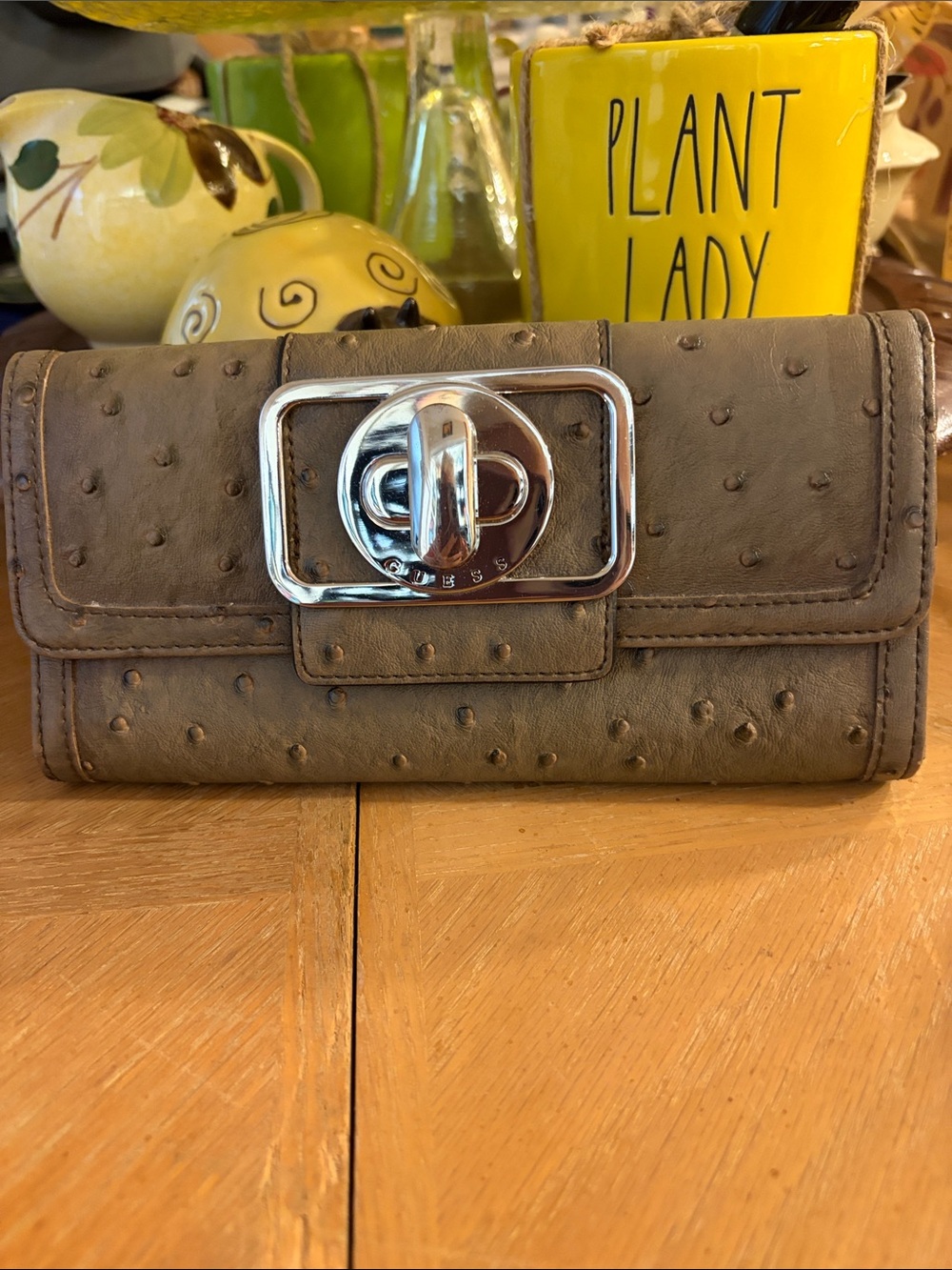 Guess Taupe Ostrich-Texture Clutch Wallet with Silver Turn-Lock